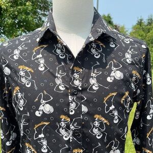 -Simon Banks Skeleton Skateboarding Black l/s Button Down Halloween Shirt Medium